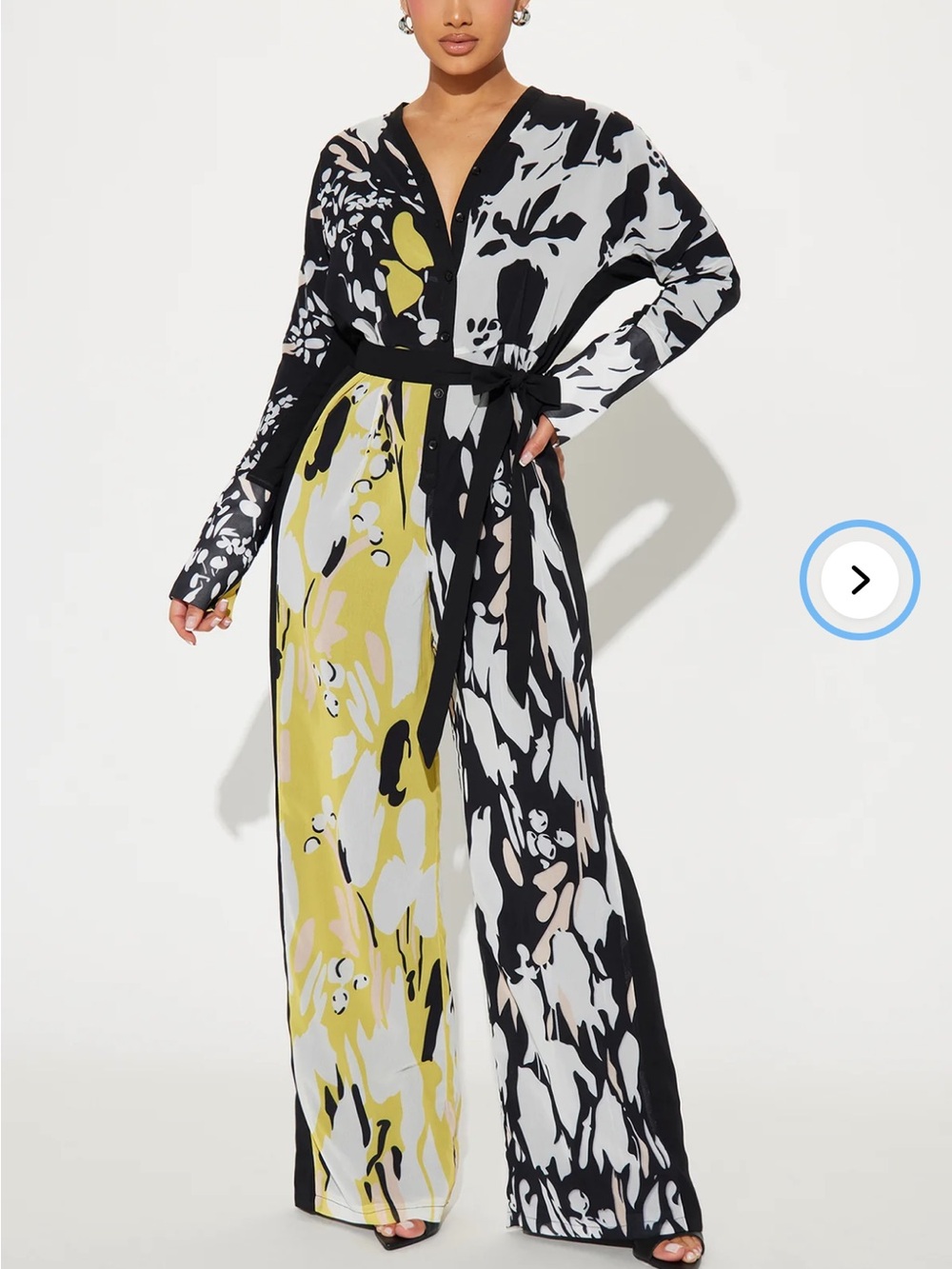 Abstract Floral Wrap Jumpsuit - Black, White & Yellow